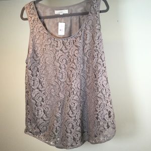 NWT Ann Taylor Loft Taupe Lace Sleeveless Shirt